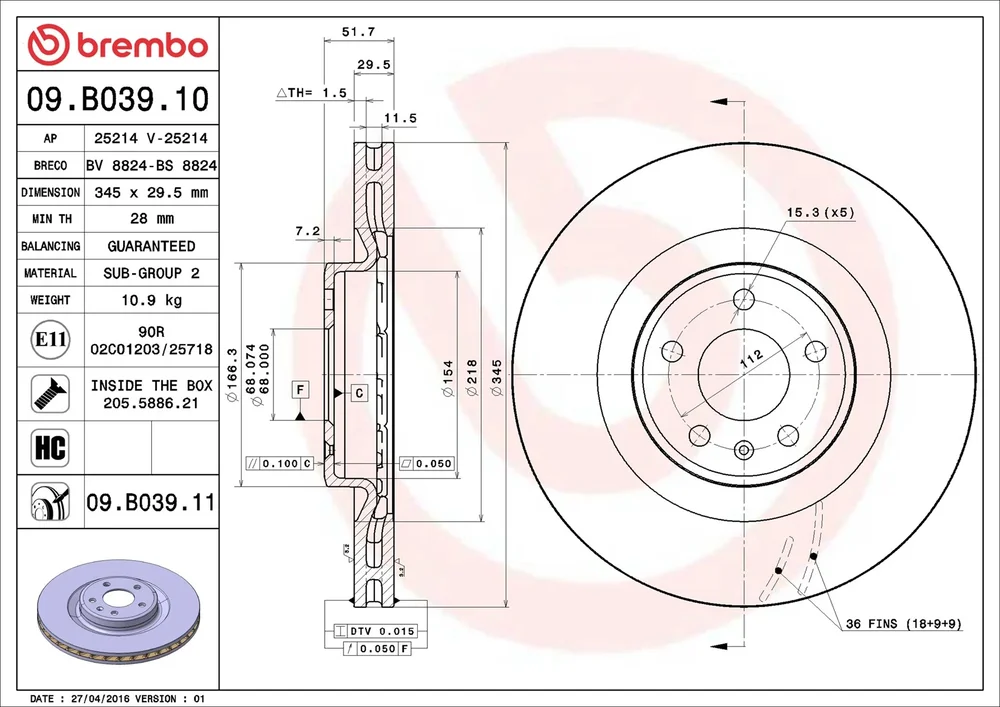 Brzdový kotouč BREMBO 09.B039.11