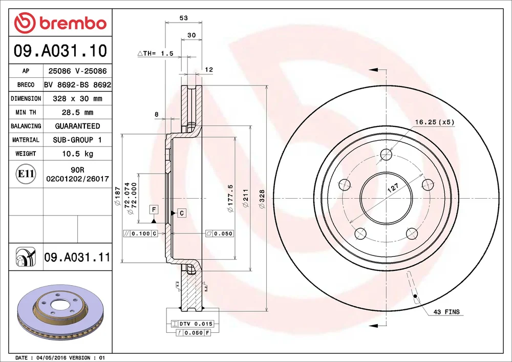 Brzdový kotouč BREMBO 09.A031.10 – OE 52089269AB