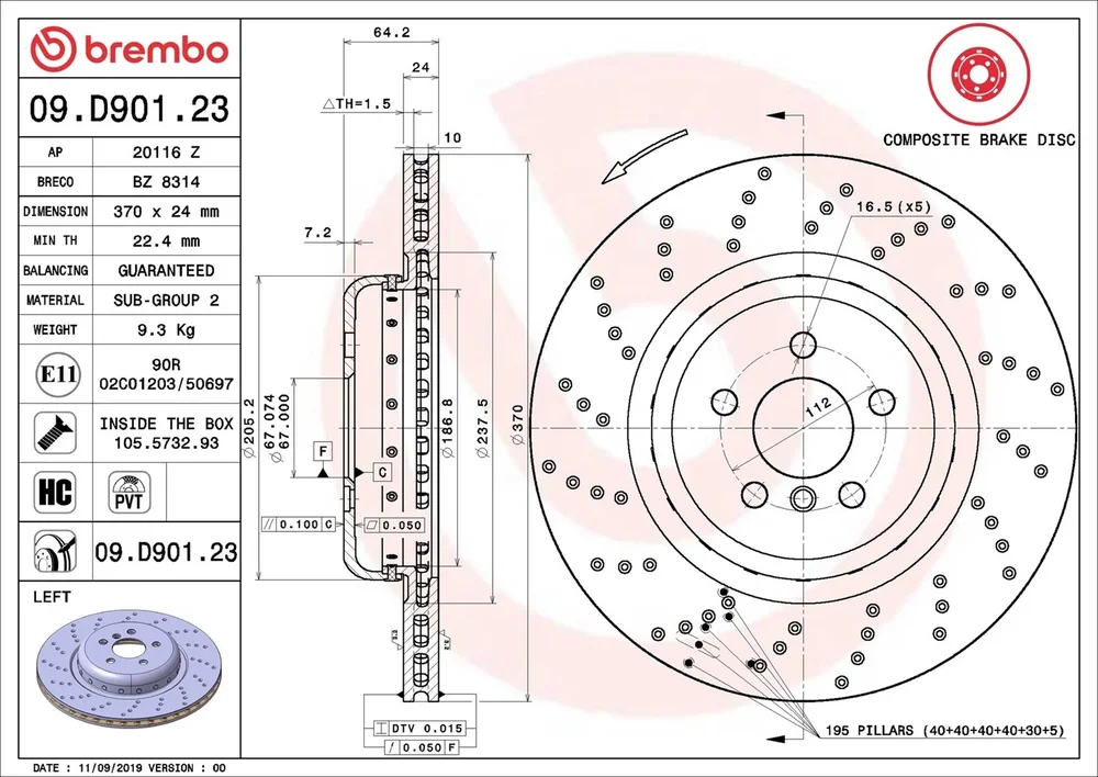 Brzdový kotouč BREMBO 09.D901.23 – OE 34216878179