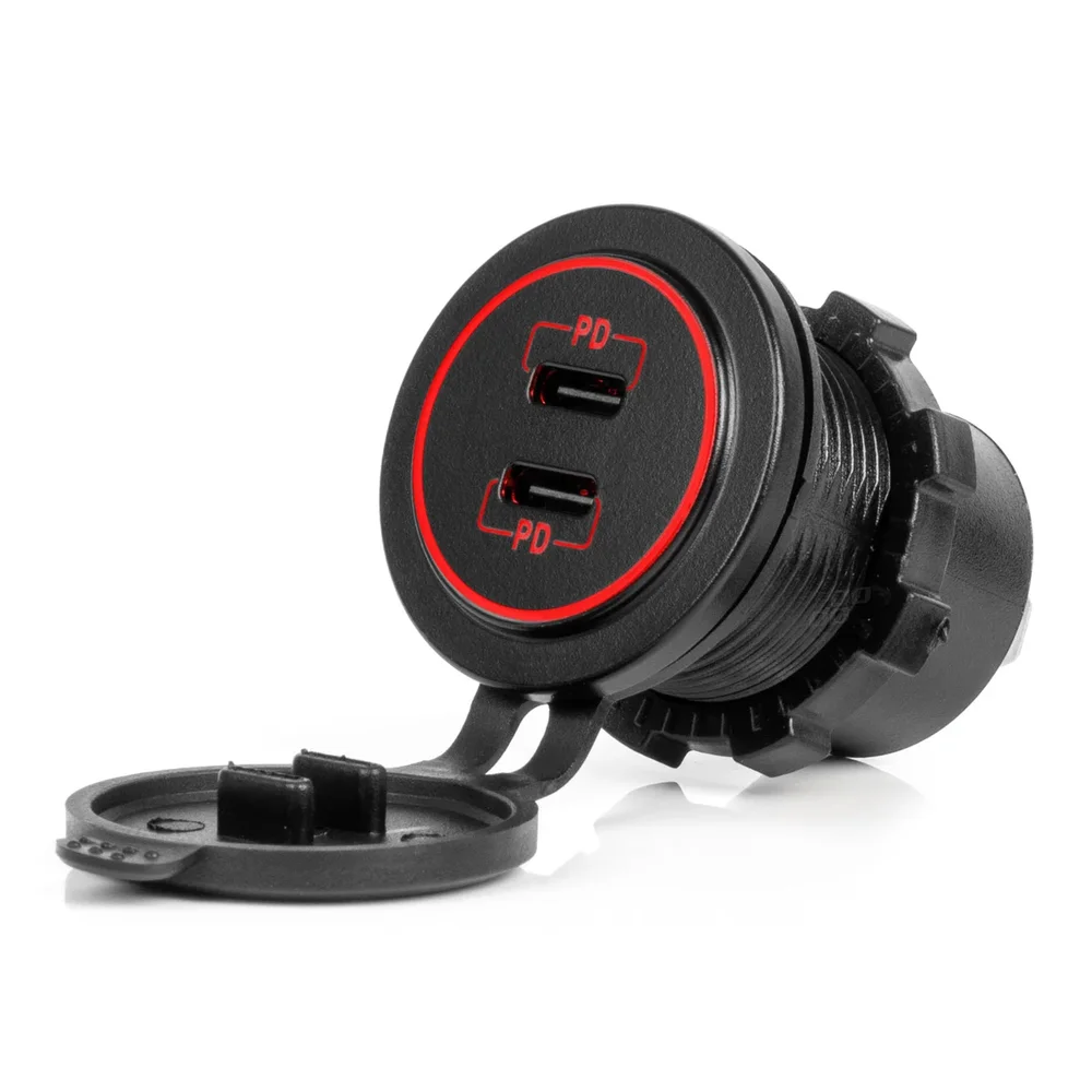 Vodotěsná nabíječka s ČERVENÍM LED podsvícením 2xUSB C 12/24V AMiO-04223