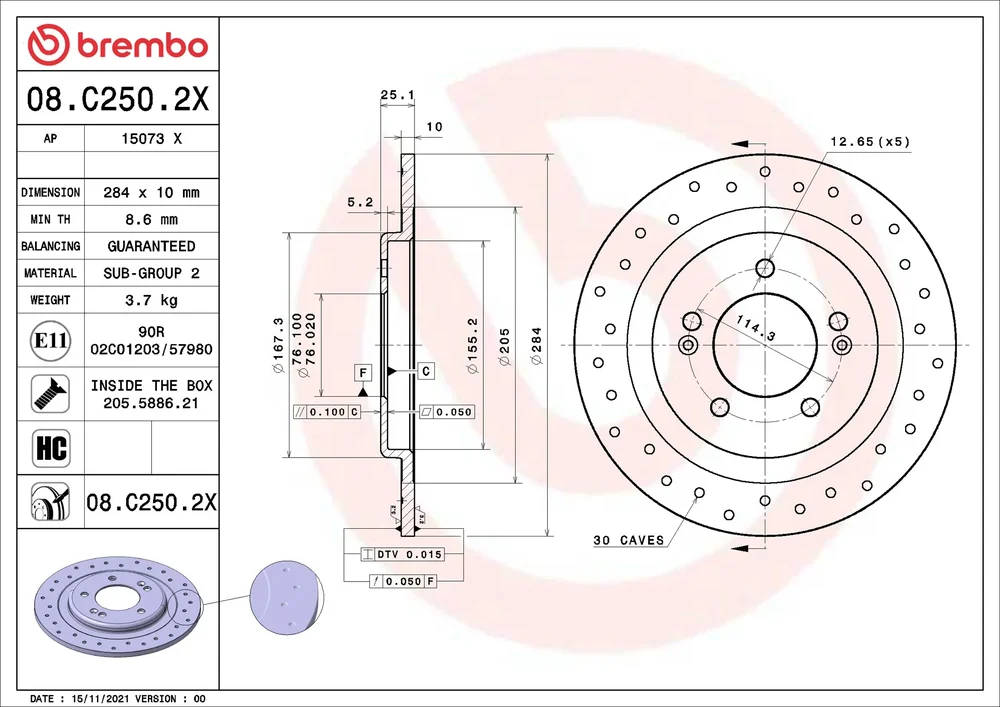Brzdový kotouč BREMBO 08.C250.2X – OE 584113Z100