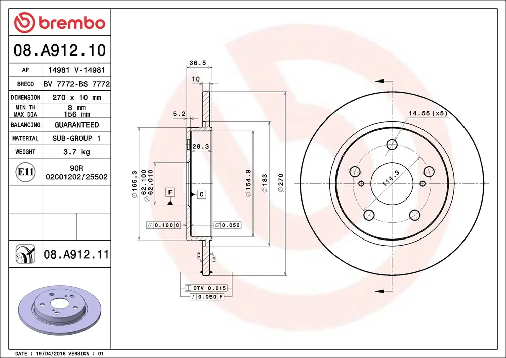 Brzdový kotouč BREMBO 08.A912.11