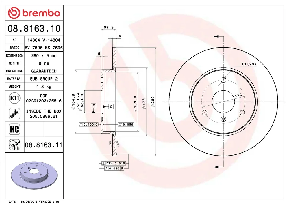 Brzdový kotouč BREMBO 08.8163.11