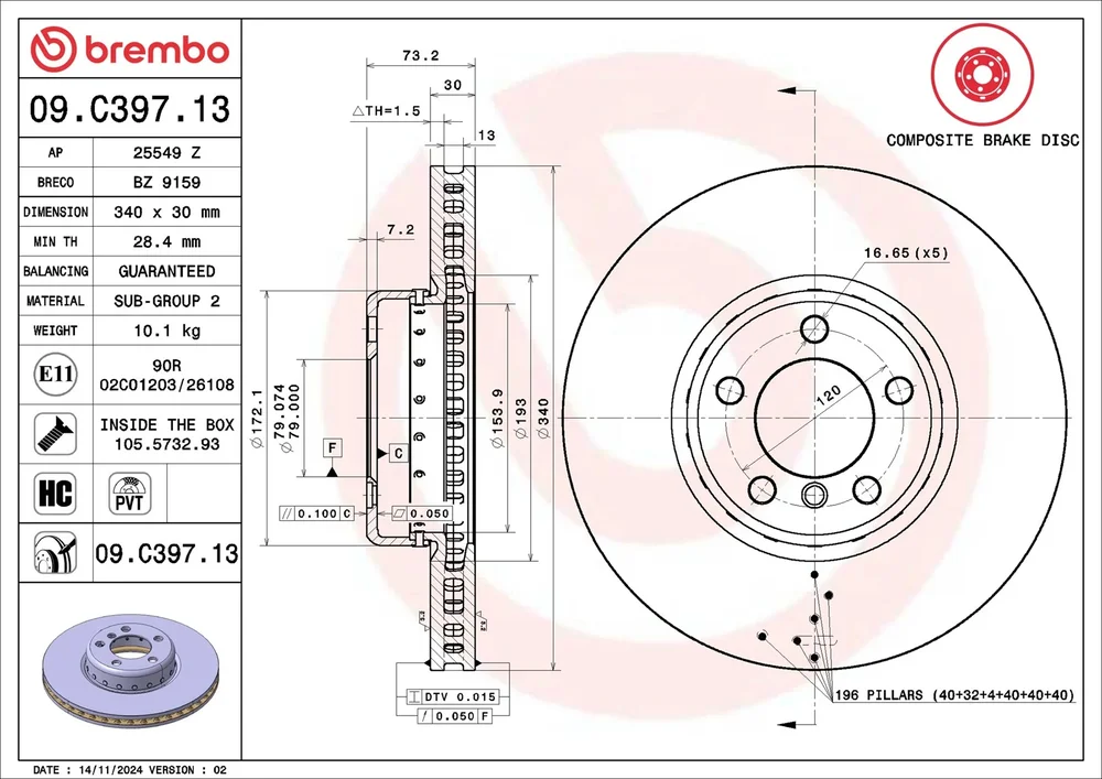Brzdový kotouč BREMBO 09.C397.13 – OE 34116792223