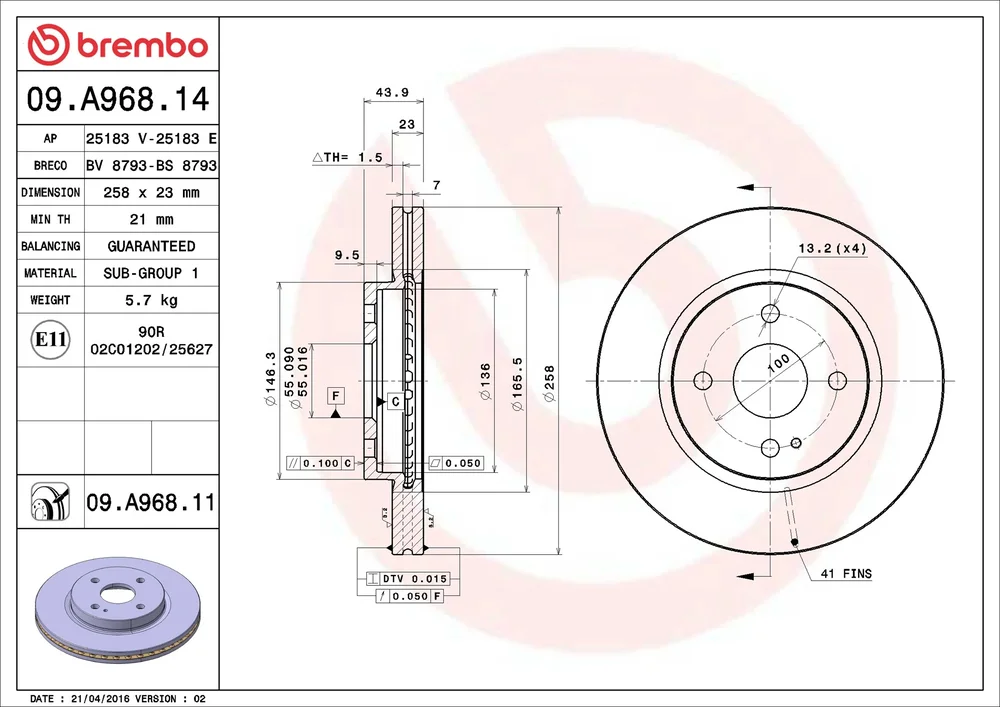Brzdový kotouč BREMBO 09.A968.11