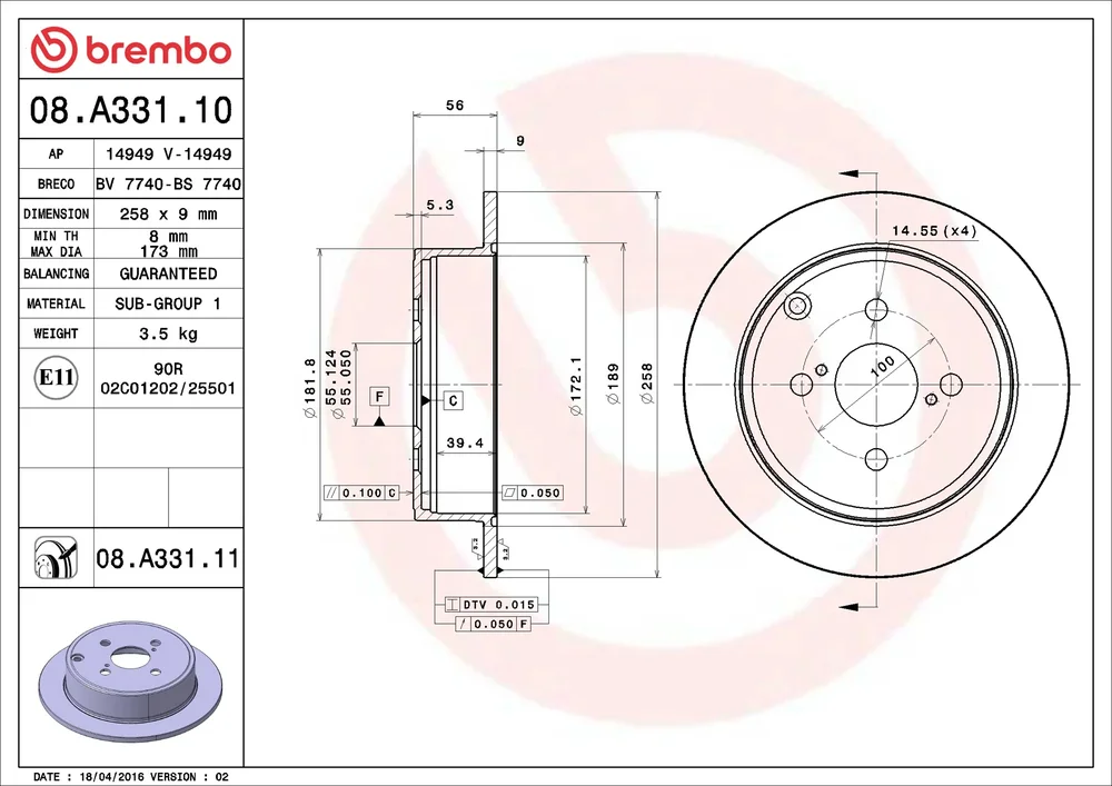 Brzdový kotouč BREMBO 08.A331.11