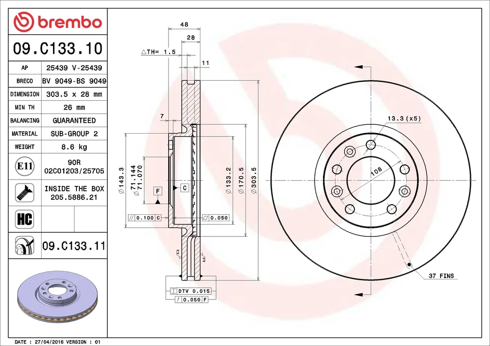 Brzdový kotouč BREMBO 09.C133.11