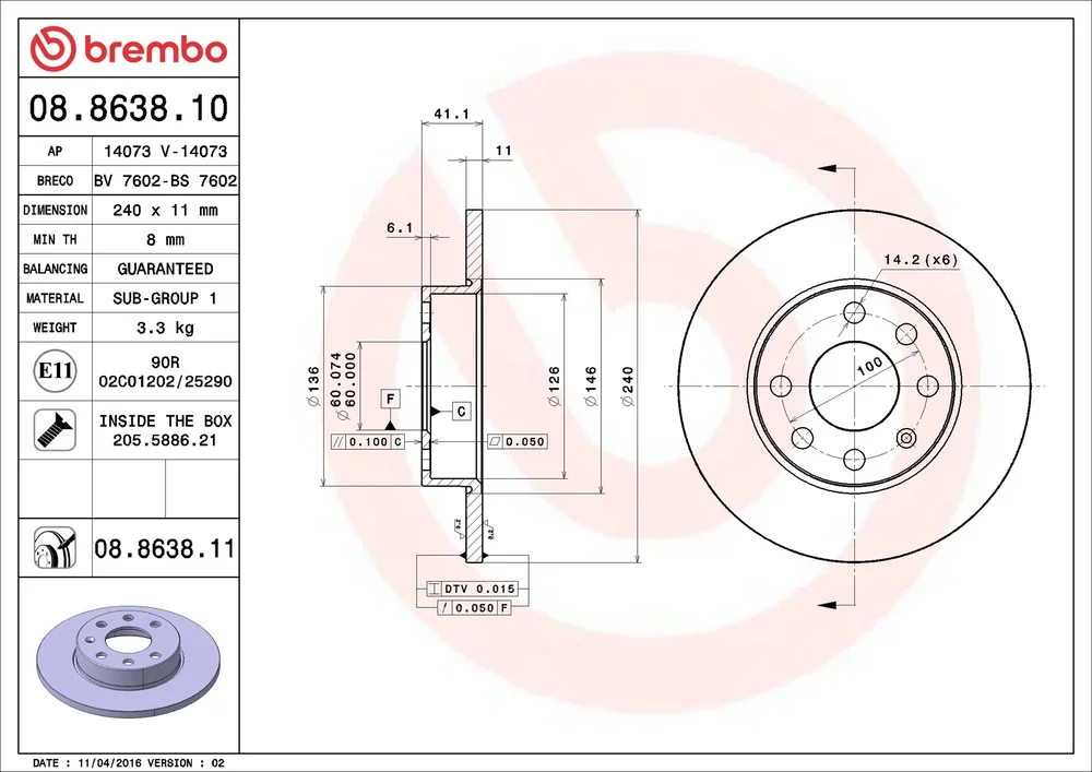 Brzdový kotouč BREMBO 08.8638.11
